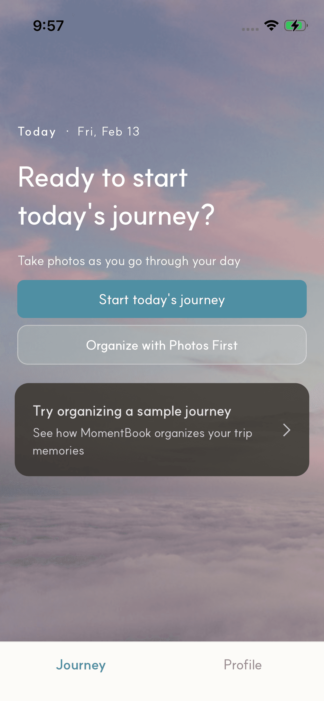 Home screen showing the start journey prompt.